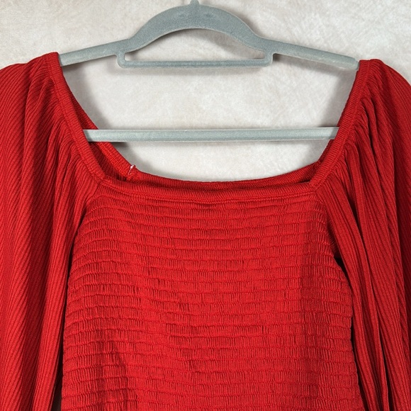 Anthropologie Red Top Womens Medium Square Neck Smocked Bishop Sleeves Cropped - Picture 2 of 10